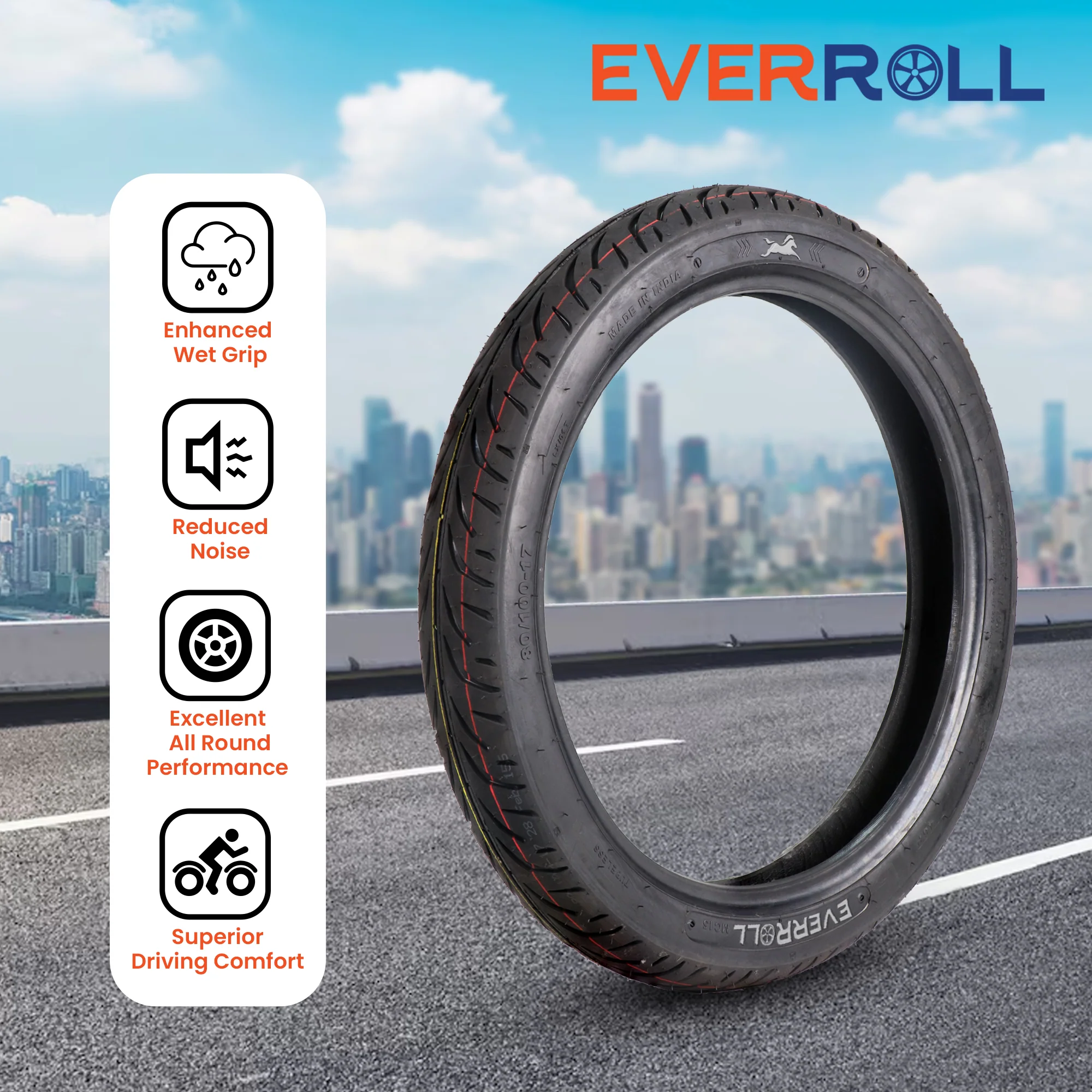 EverRoll Front Tubeless Nylon Tyre - 80/100-17 TL PM MC15 | Vehicle Compatibility - TVS Star City, City 125 - Image 5