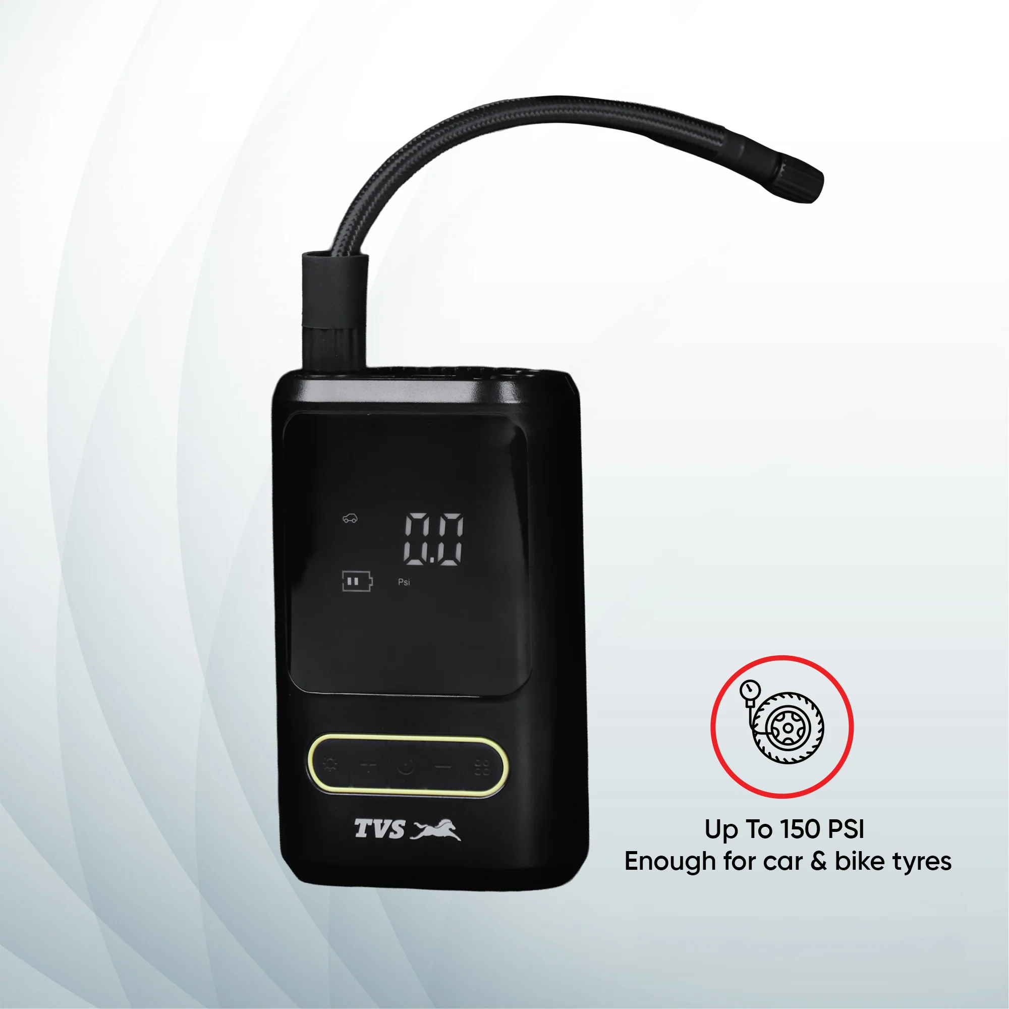 TVS Portable Tyre Air Inflator 150 PSI – Digital Meter, LED Light, Multi-Nozzle, Multi-Mode, Rechargeable 2000*2 mAh Battery Air Pump for Car, Bike & Bicycle - Image 8